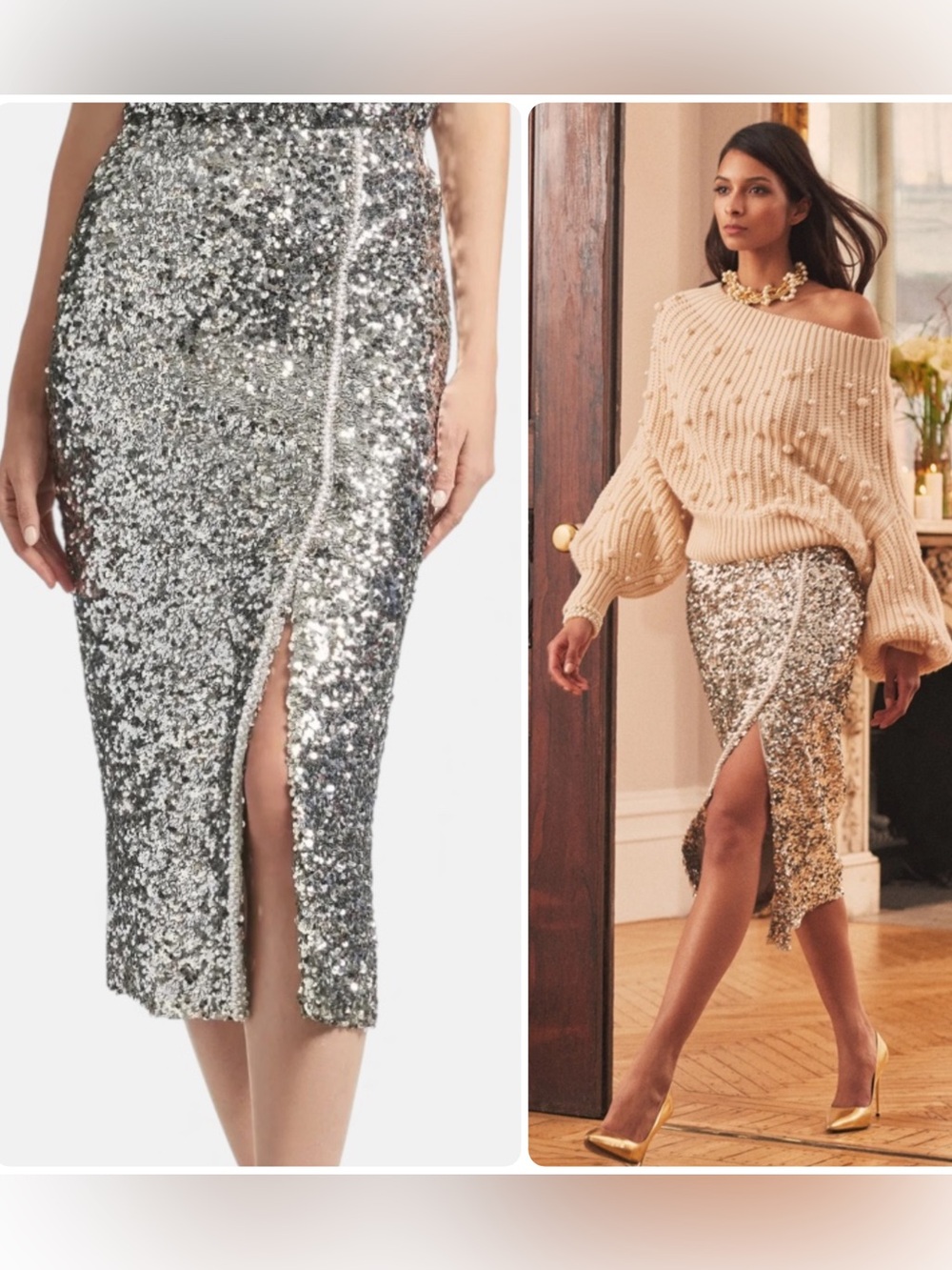 Sachin & Babi Talisa Silver Sequin Embellished Pearl Accent Midi Skirt NWT $395